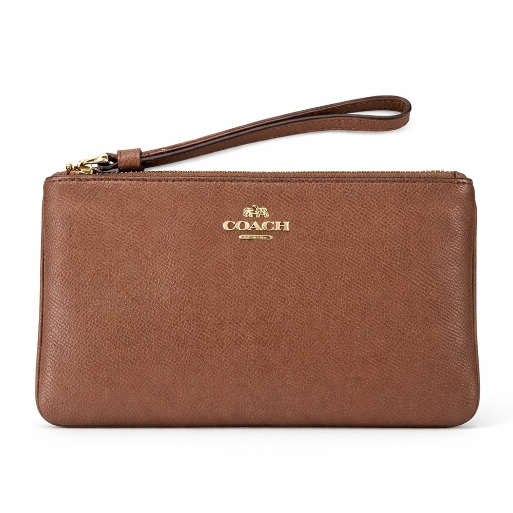 Coach Brown Saffiano Leather Wristlet Zip Pouch Gold Logo Strap.